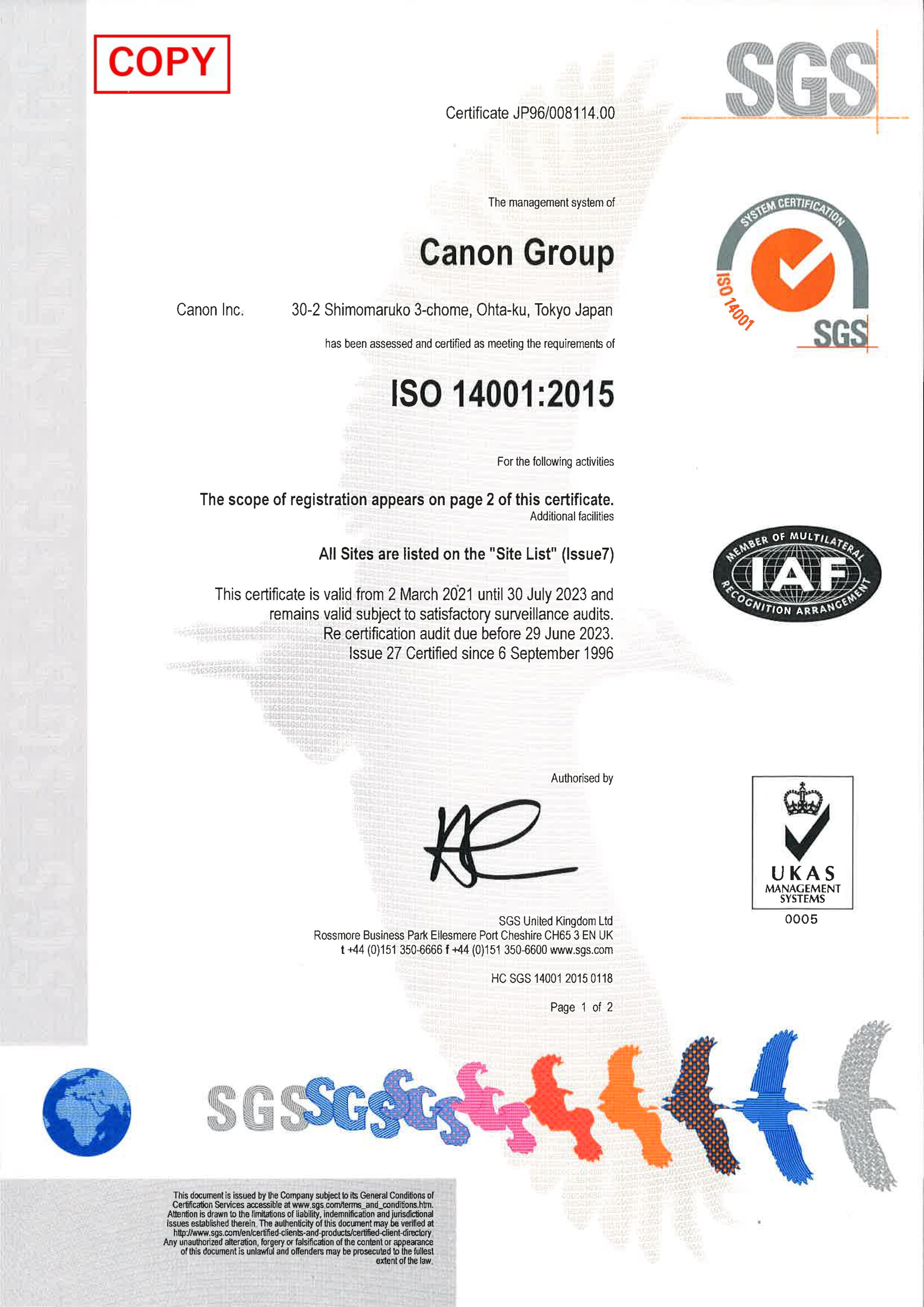 Certificate of ISO 14001:2015