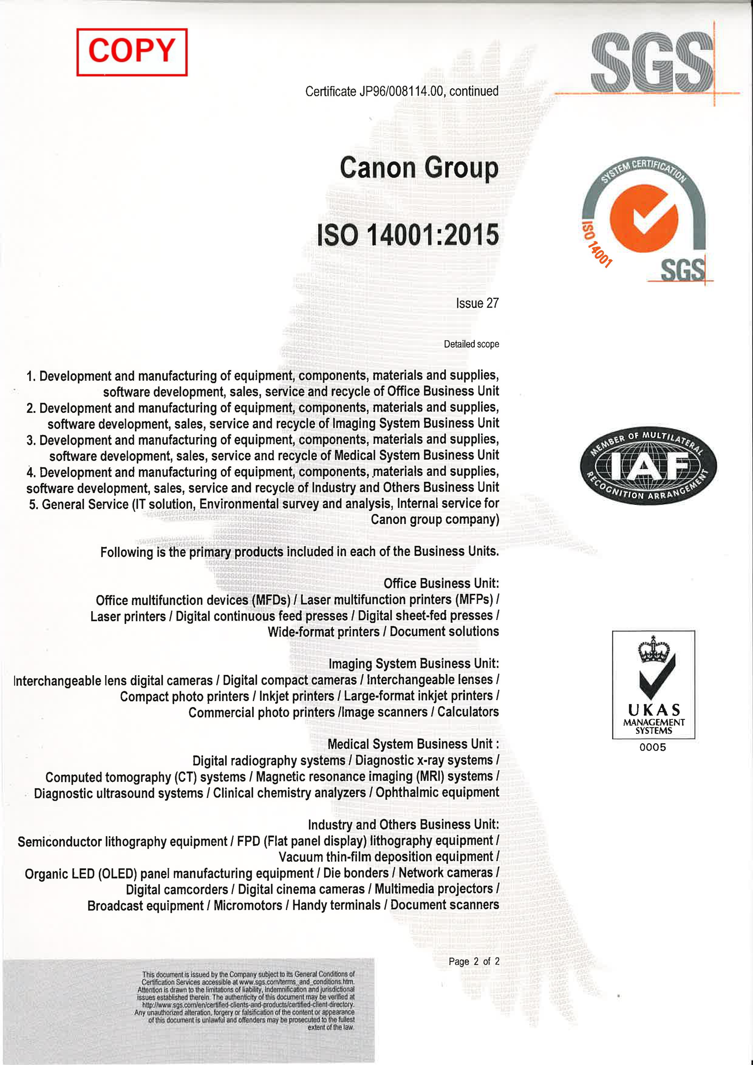 Certificate of ISO 14001:2015