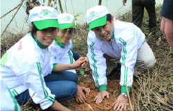Mr. Kambe Makoto is planting trees with pupils